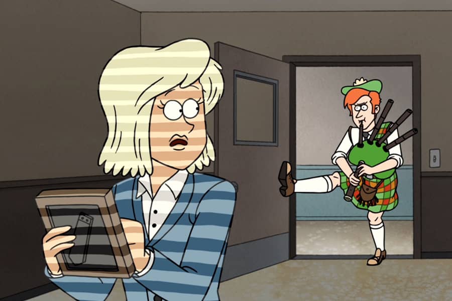 MacCreedy kicks open an office door, startling Morales