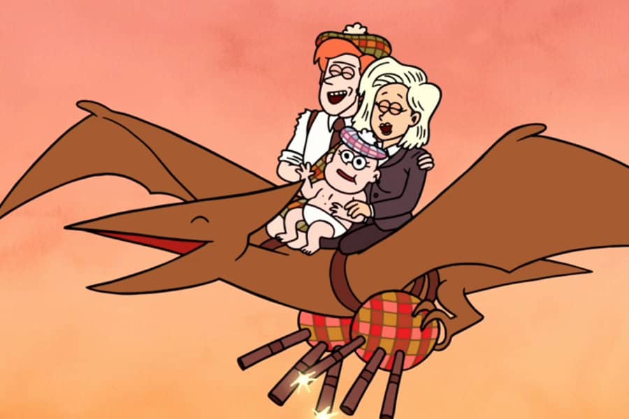 Morales and MacCreedy with a baby riding a pterodactyl