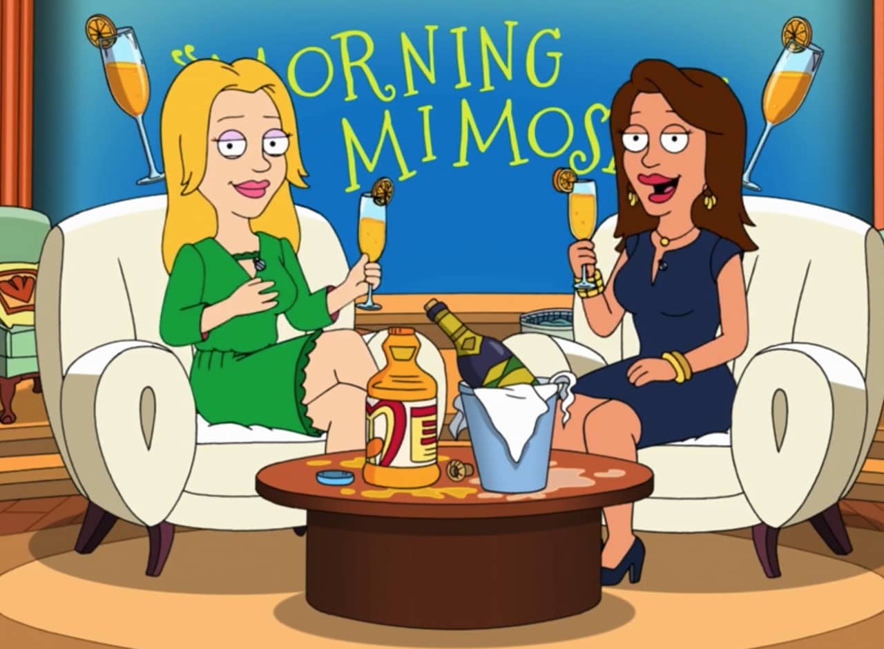 two women (Trish and Suze) host a talk show while drinking mimosas