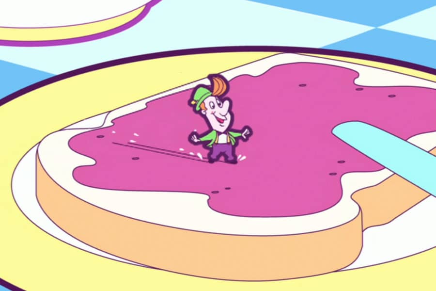 Mr. Tiny sliding across some jam on a piece of toast