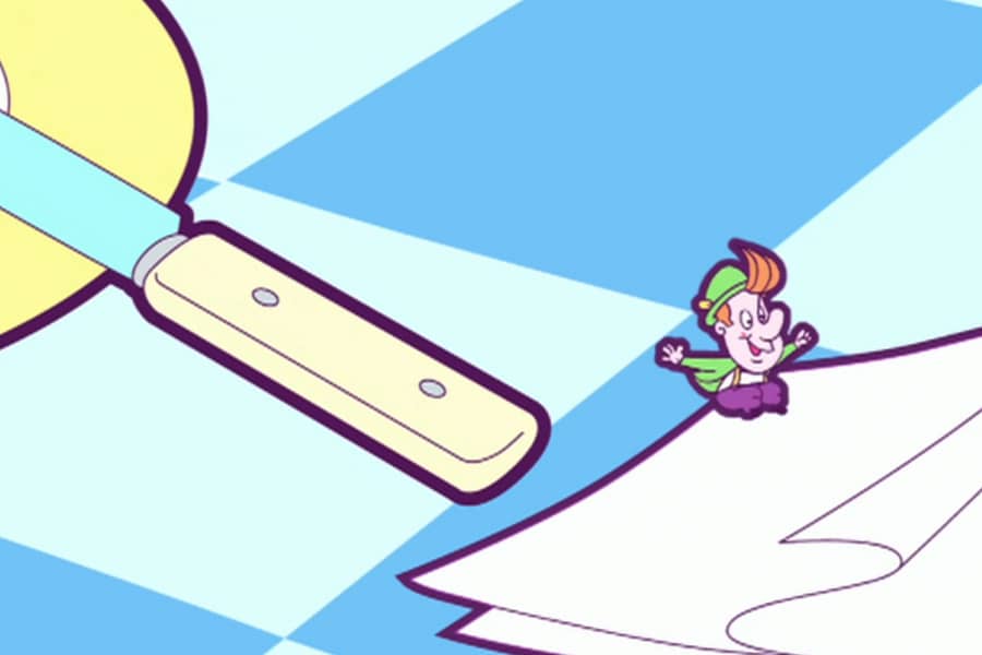 Mr. Tiny jumping off a knife onto a napkin