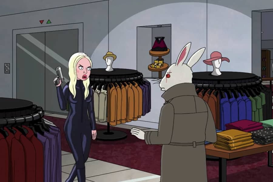 Ms. Taken (with her gun) approaches a rabbit in a trenchcoat in a mall department store
