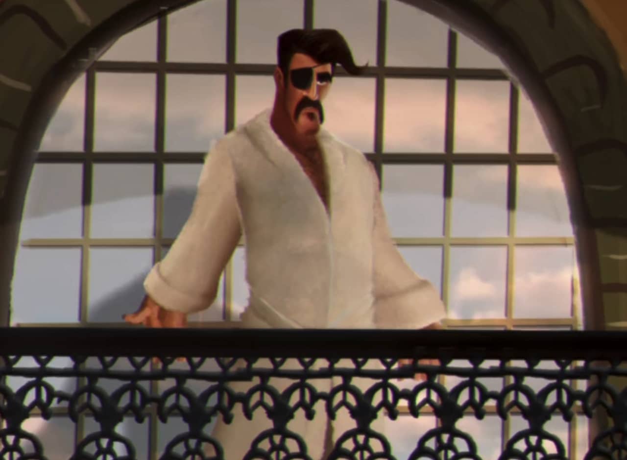 Alejandro, a handsome man with mustache and eye patch, stands on a balcony in a bathrobe