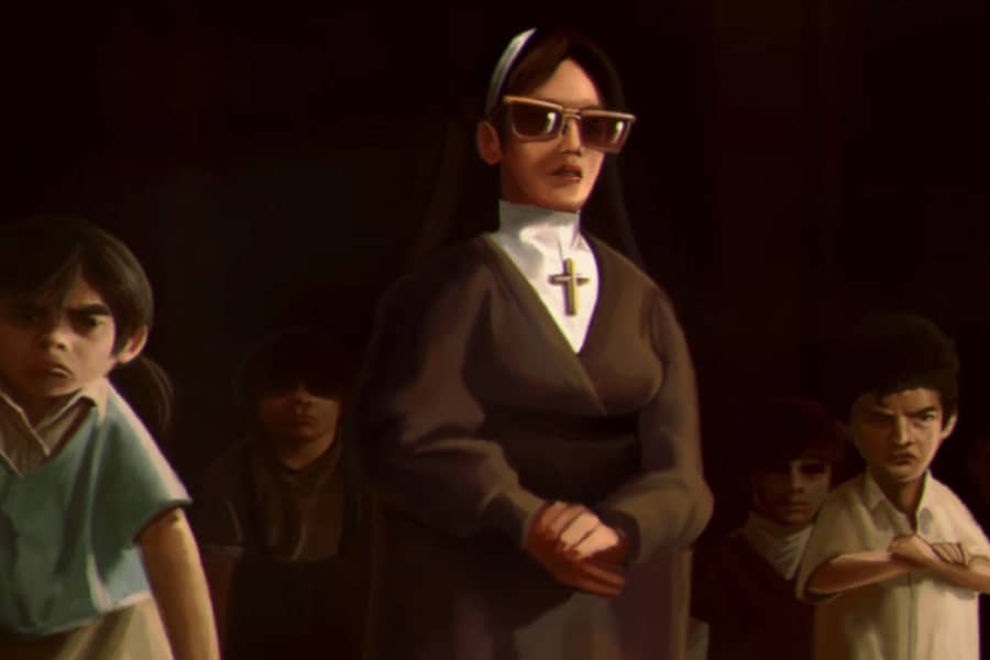 a nun wearing sunglasses surrounded by some bully kids
