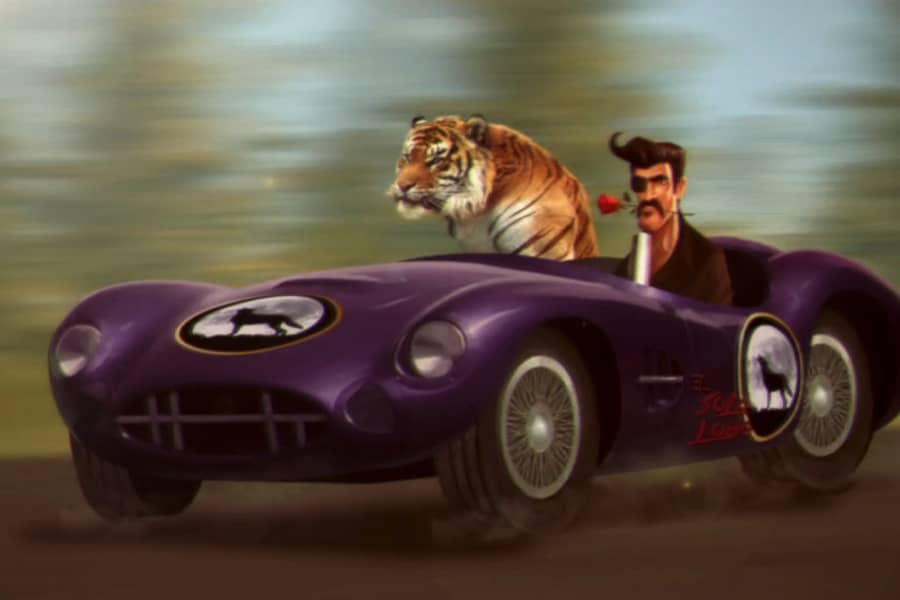 Alejandro drives a purple sports car with a tiger in the front seat; he has a rose in his teeth