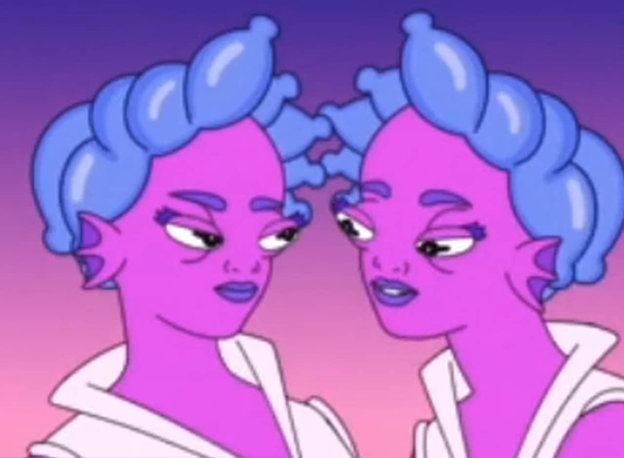 two identical purple aliens looking at each other