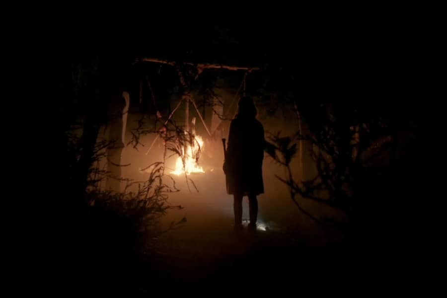 a person stands in the dark forest in front of a fire