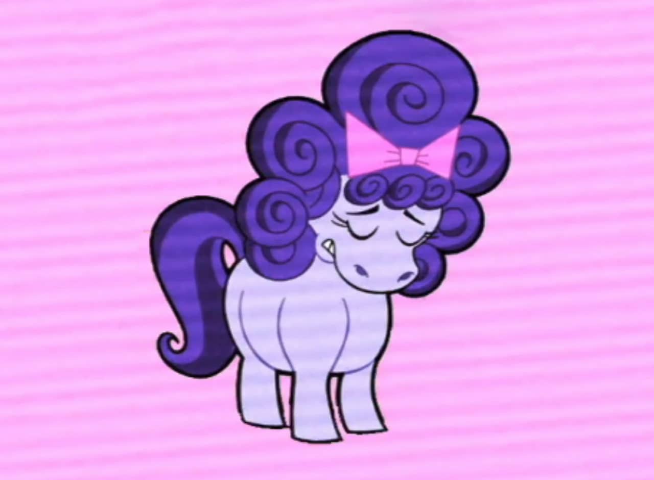 Roxanne, a sad purple pony with big hair and a bow
