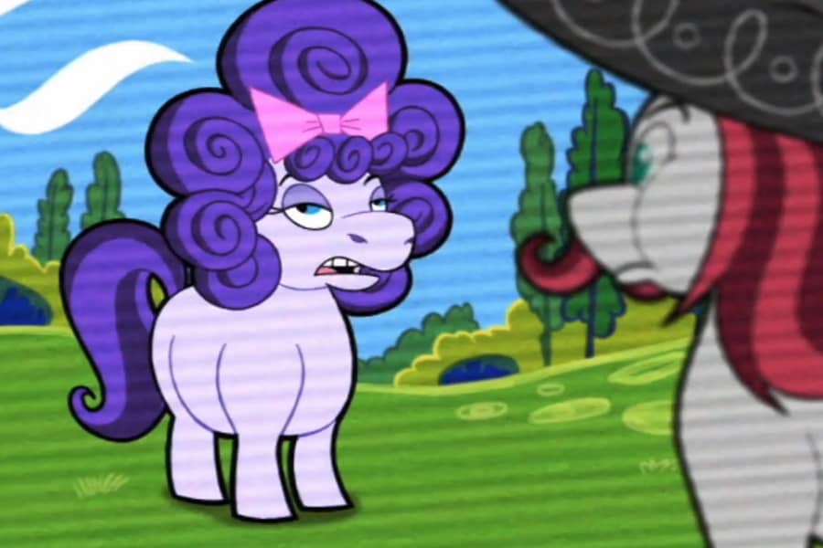 Roxanne talking to Javier, a pony with mustache and sombrero