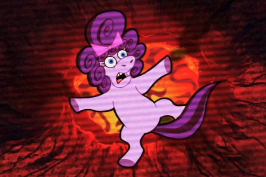 Roxanne falling into a volcano