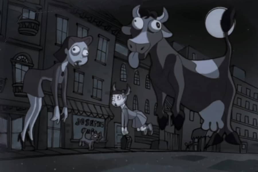 people, a cow, and a cat are floating above the street with empty, wide eyes and open mouths