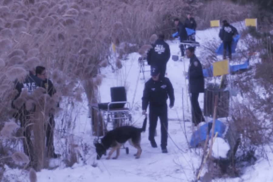 responders at a snowy crime scene