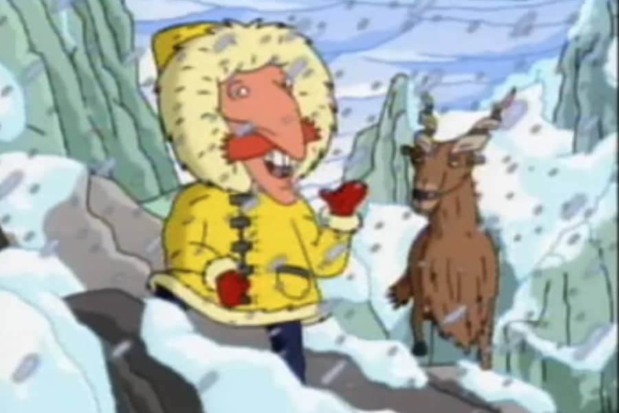 Thornberry with a mountain goat on a snowy mountain
