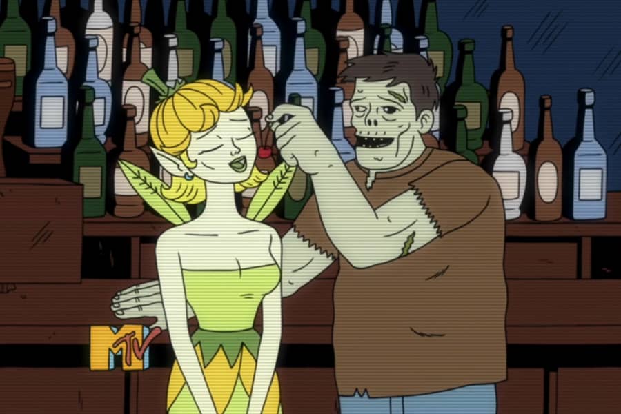 Randall Skeffington feeding a cherry to Galen the fairy in a bar