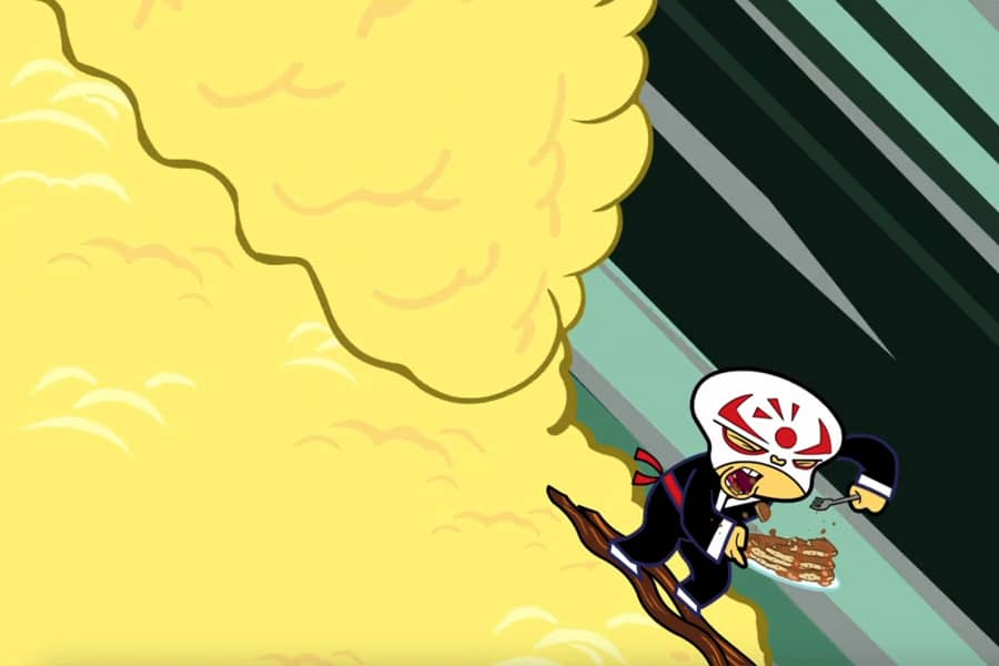 contestant skiing down a mountain of eggs while eating pancakes, an avalanche of eggs chasing him