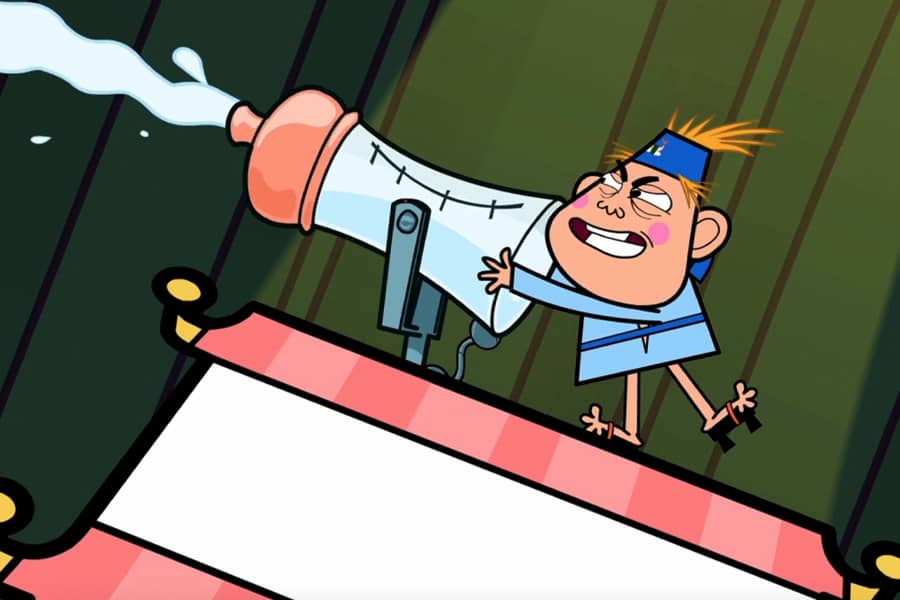 Niko Sushi shooting milk out of a giant baby bottle