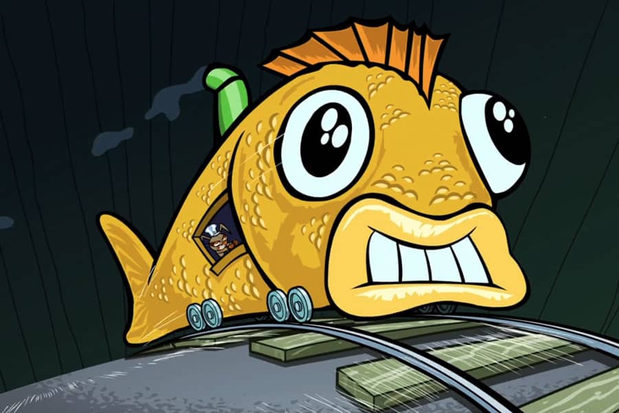 contestant driving a train car that looks like a giant fish