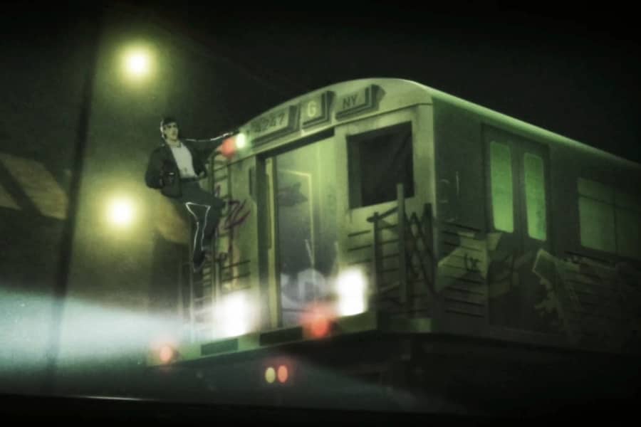 criminal climbs the back of the subway train