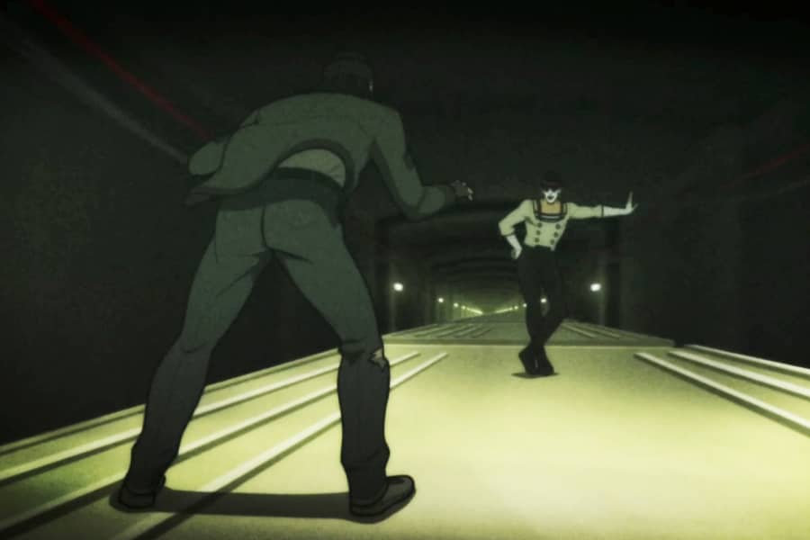the criminal sees Ninja Mime atop the train
