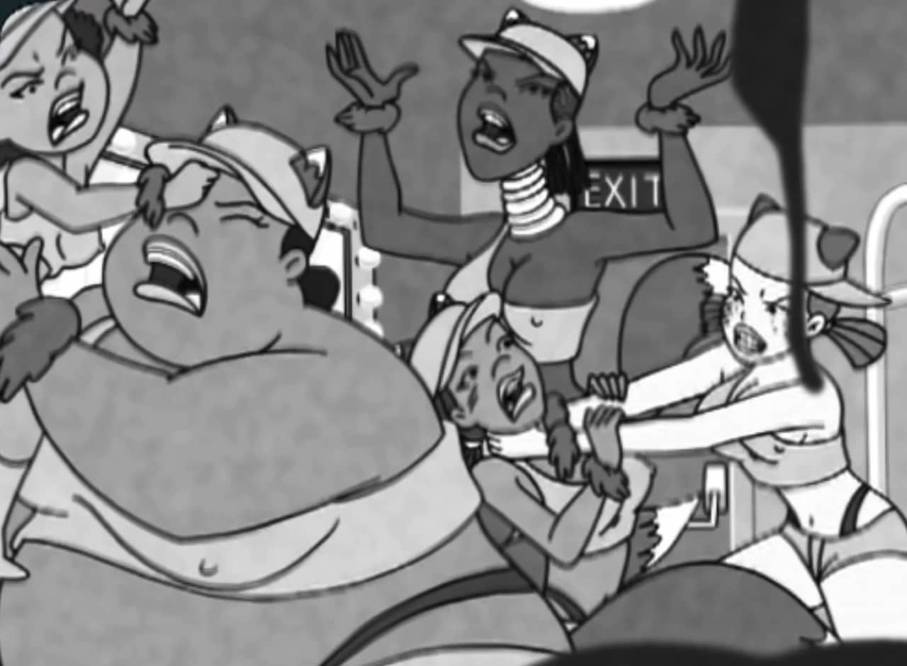 black and white shot of the music group, The Foxxy 5, fighting each other