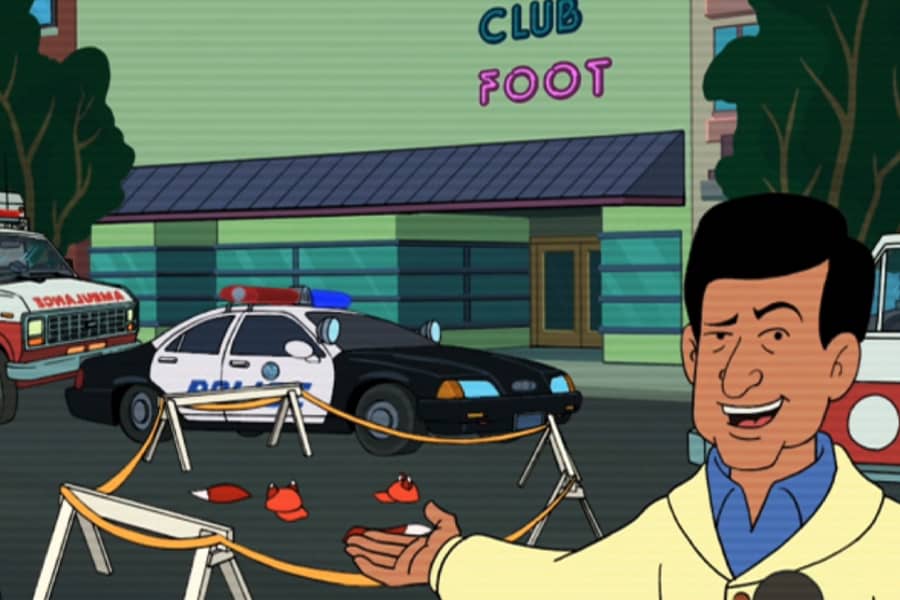reporter talking in front of a crime scene at Club Foot