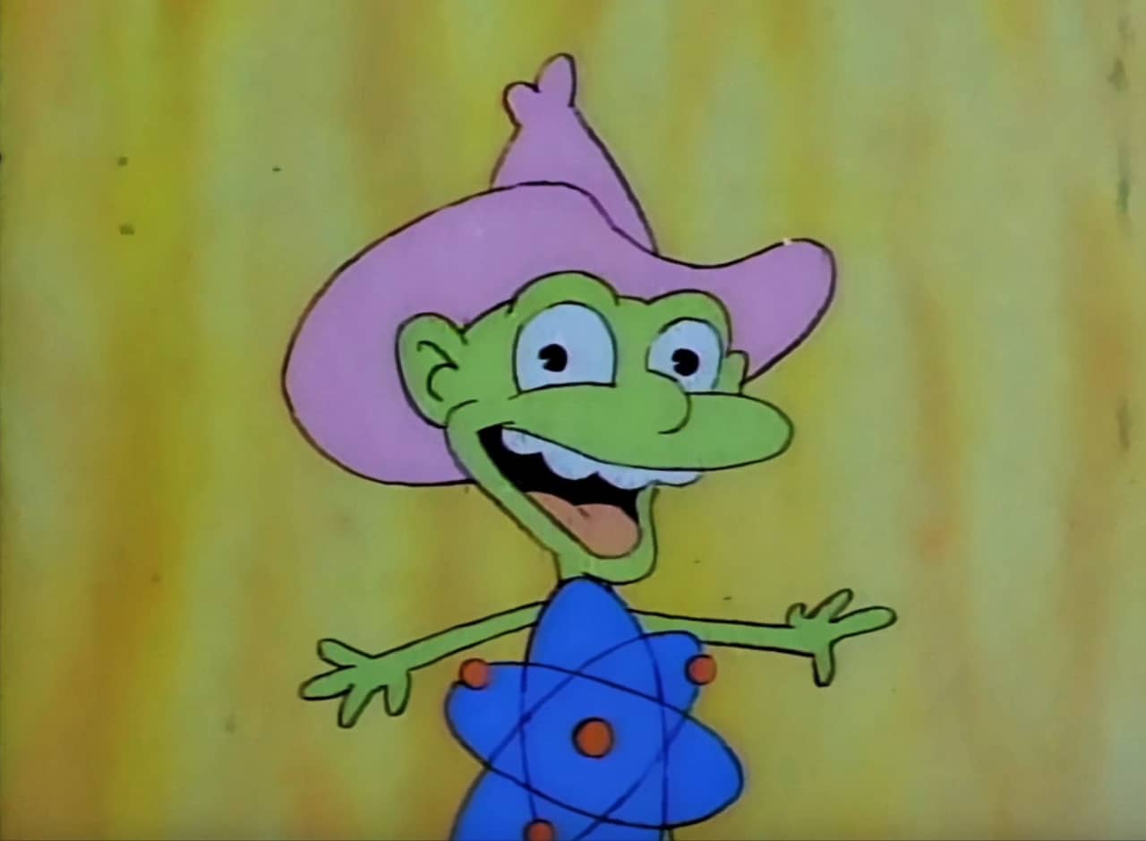 Smilin’ Joe Fission, an atom with a cowboy hat