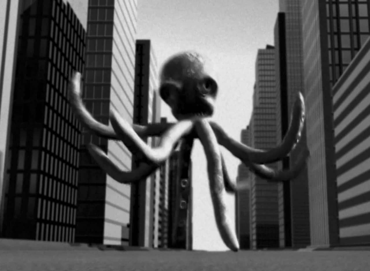 black and white shot of a giant octopus walking through a city