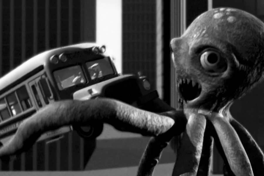 Octopus Man about to eat a school bus