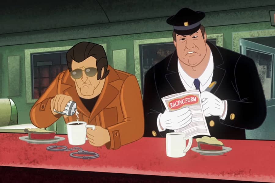 St. James and his driver having pie and coffee in a diner