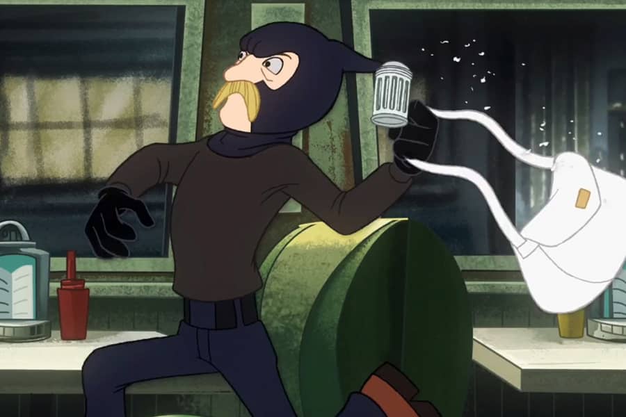 a sugar shaker flying toward the head of a mugger in a balaclava running with a purse