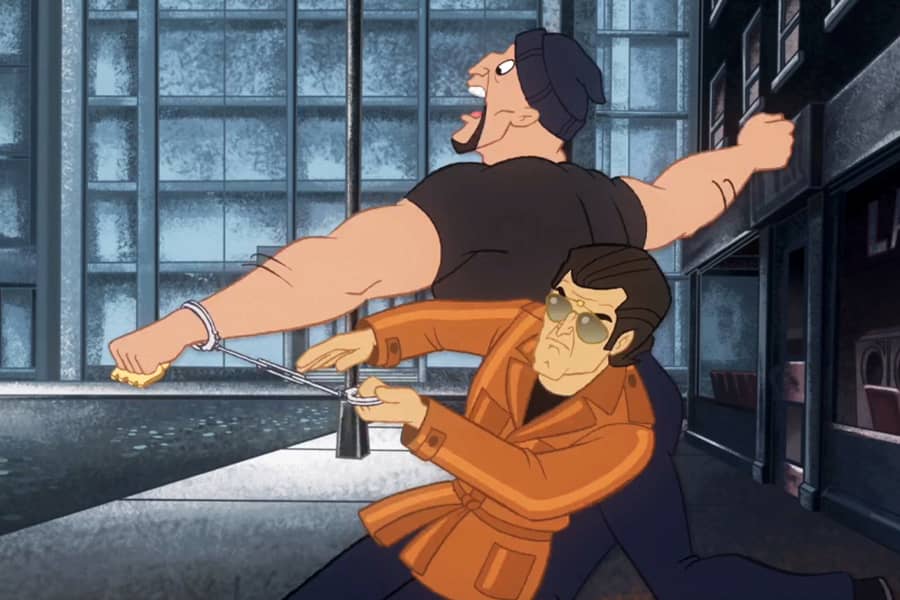 St. James maneuvering handcuffs on a big criminal swinging his arms