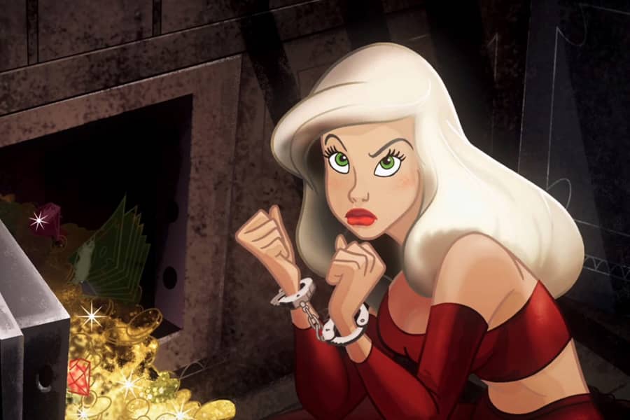 beautiful woman in handcuffs crouched by an open safe with gold and jewels spilling out