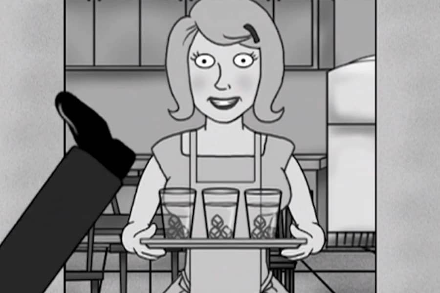 mom carrying a tray of lemonades and is about to get kicked