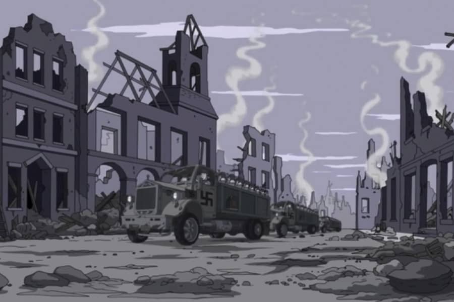 Nazi trucks drive through a city that has been destroyed