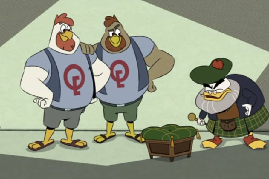 Johnny and Randy present an ottoman to a displeased Flintheart Glomgold