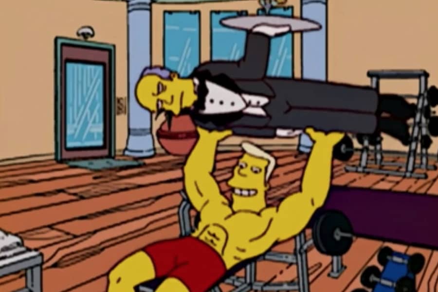 Rainier Wolfcastle benchpressing a butler
