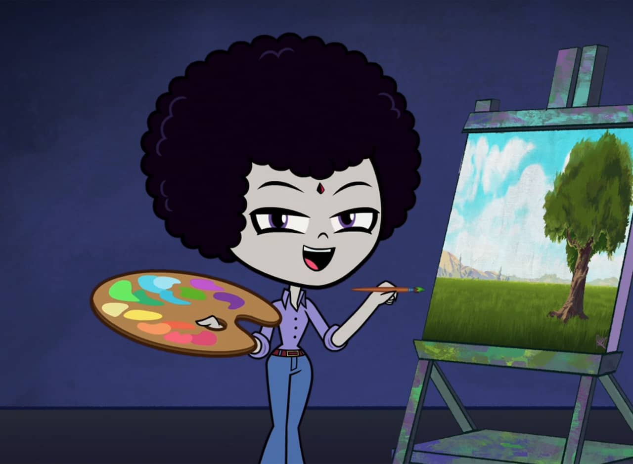 Raven with a short curly hairstyle, painting at an easel