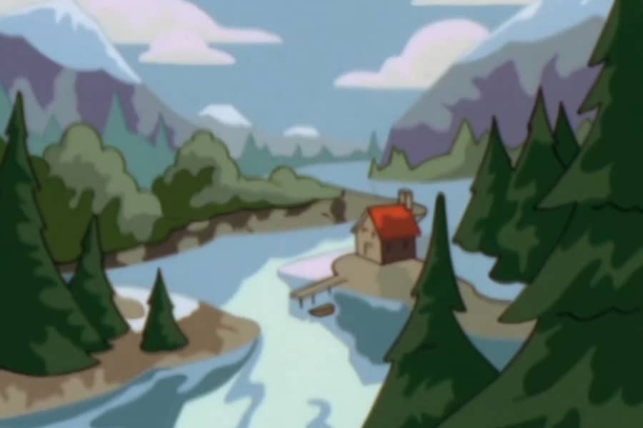 landscape painting of a house by a river