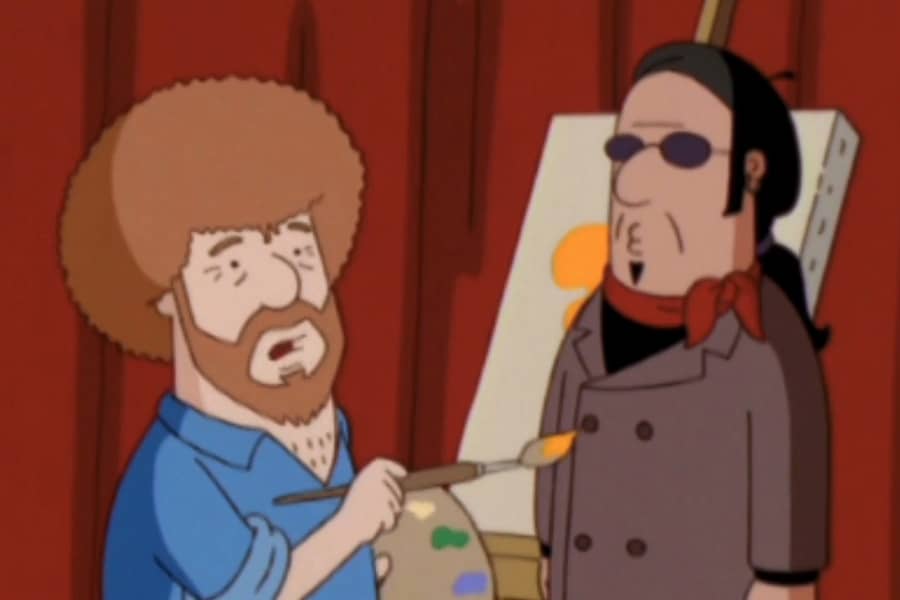 an artist man talks with Rusty who looks concerned