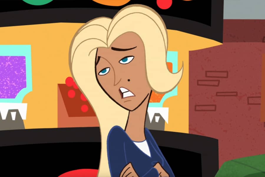 blonde woman looking unimpressed