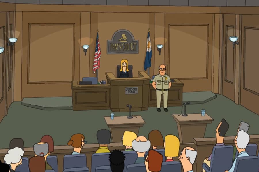 wide shot of a courtroom