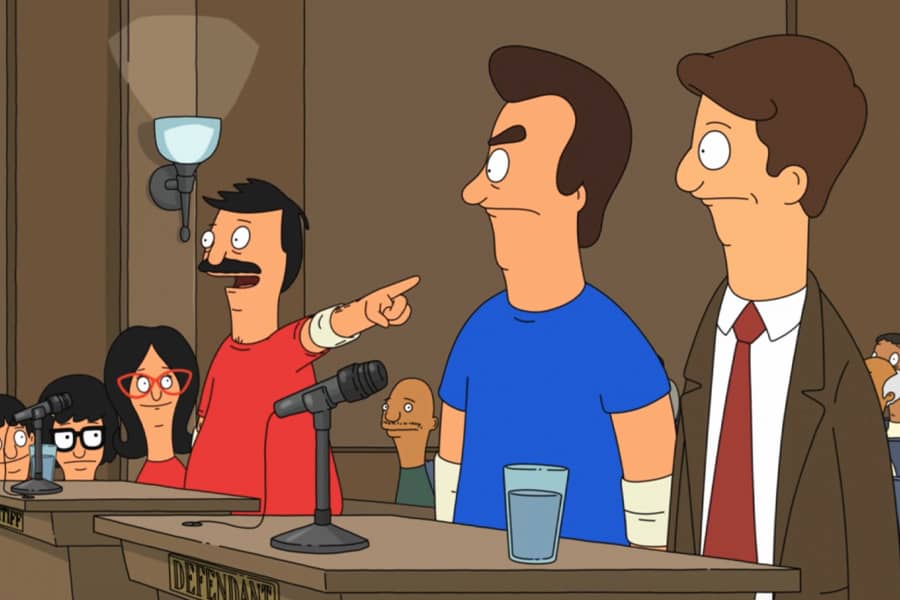 Bob Belcher points at Jimmy Pesto and his lawyer