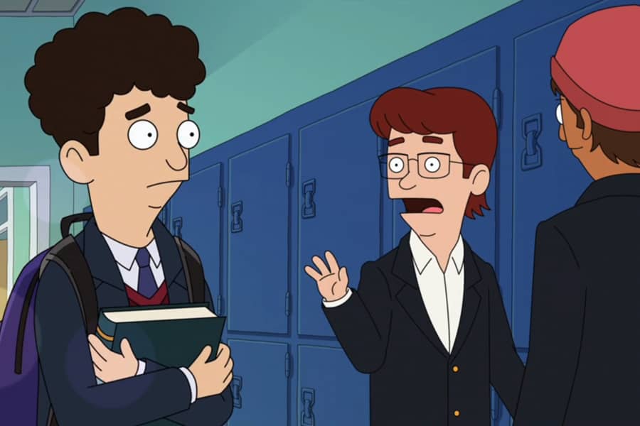 curly-haired boy walks down the school hall as a friend waves, open mouthed