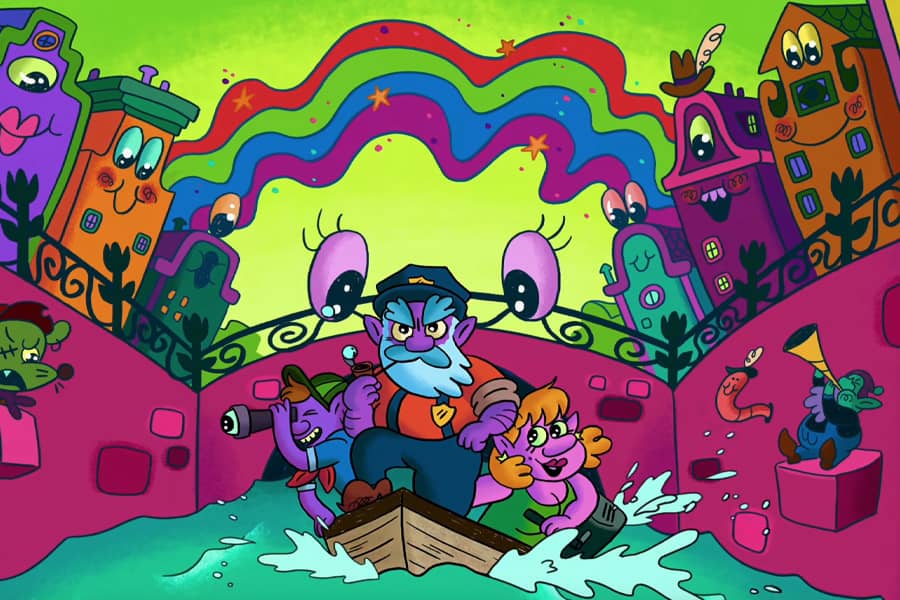Papa Troll riding in a boat with the town and rainbow behind