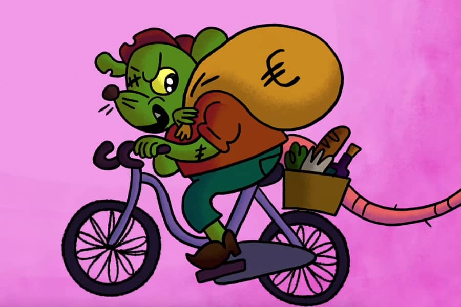 a rat riding a bike and carrying some loot