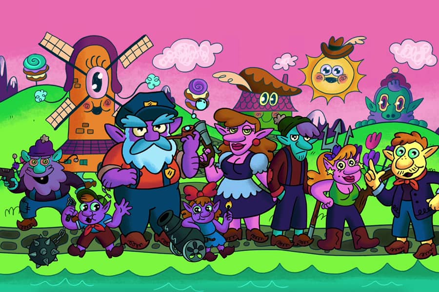 Papa Troll and his family by the windmills