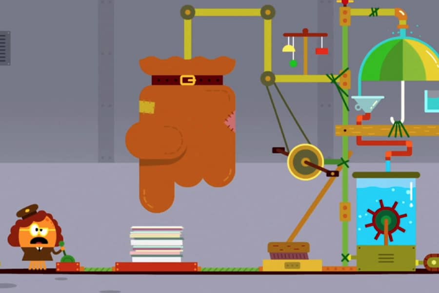 woman pushing the stack of paper with a giant hand that is attached to a Rube Goldberg-like machine