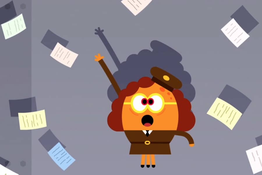 woman reaching up trying to catch all the falling papers