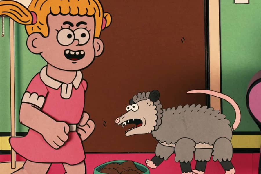 animted young girl with a opossum eating from a bowl