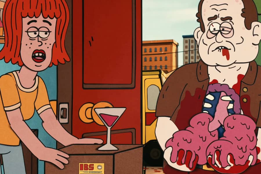 delivery man at the door holds his bloody lungs in his hands
